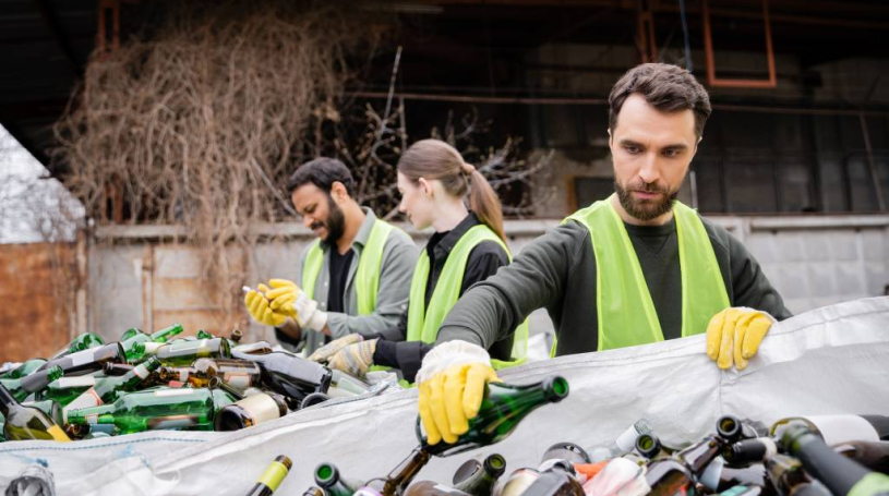 People recycling glass
