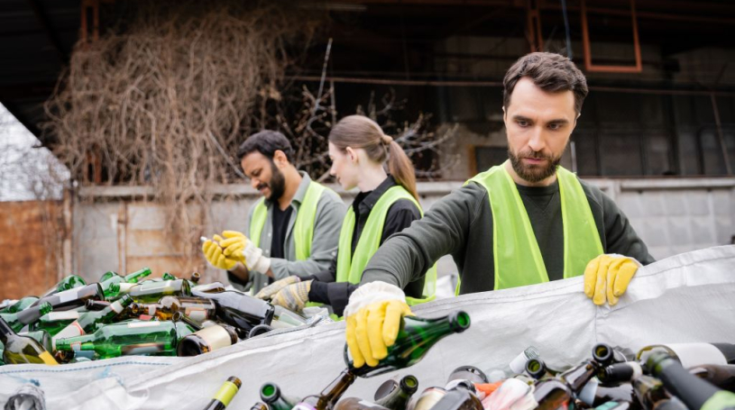 Worker sifting through bottles at a recycling center